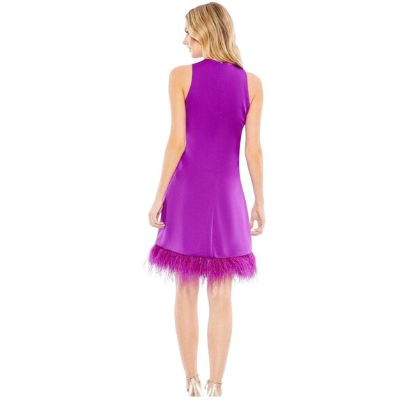 Mac Duggal Ieena Feathered Hem High Neck Sleeveless A-Line Dress Purple Satin 6 - Picture 3 of 13